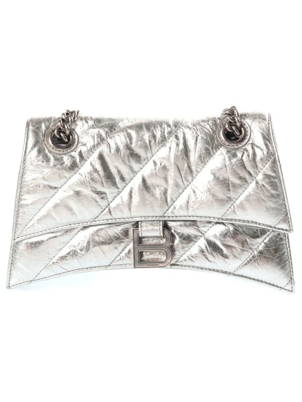 Balenciaga Hourglass Crush Chain Shoulder Bag Silver Leather